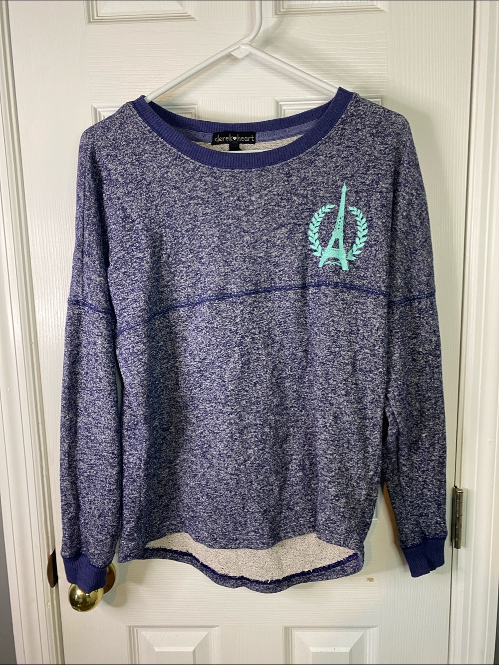 Derek Heart Navy Marled Crewneck Sweatshirt with Turquoise Eiffel Logo Small.